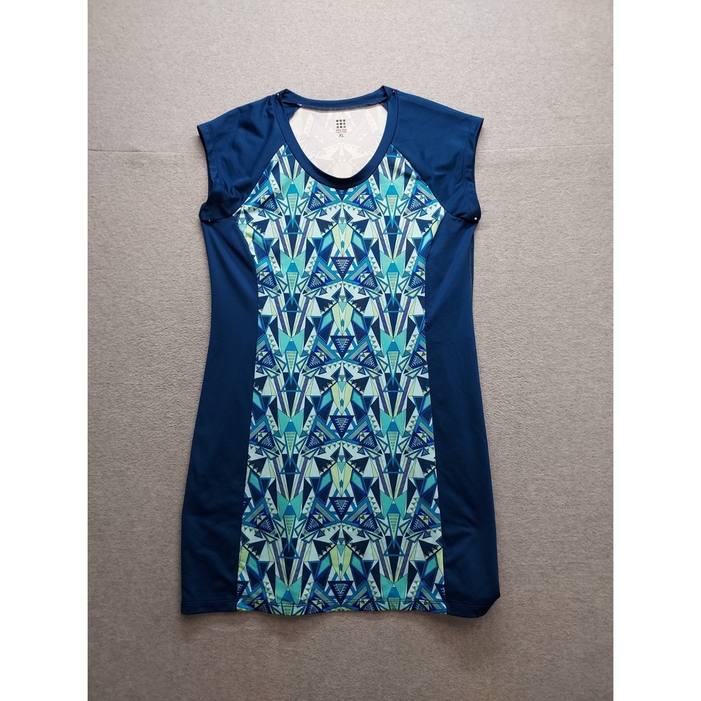 Title Nine Women Shift Dress XL Blue Geometric Round Neck Cap Sleeve Summer City